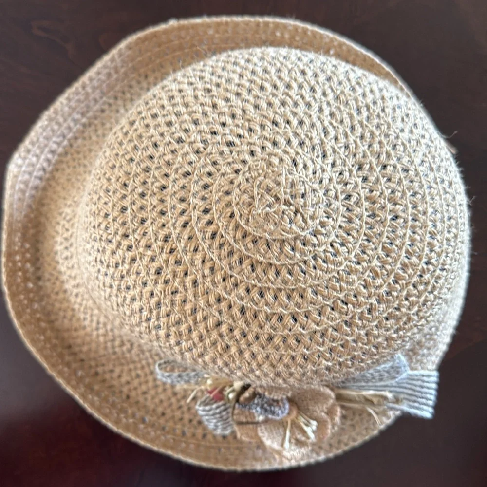 Summer Hat With Burlap/Ribbon Flower At The Side